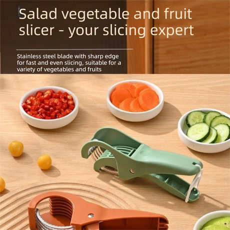 Red Multifunctional Fruit and Vegetable Slicer - Stainless Steel Blades, ABS Handle - One-Press Uniform Slicing for Banana, Cucumber, Ham, Kitchen Prep Tool with Hanging Hook