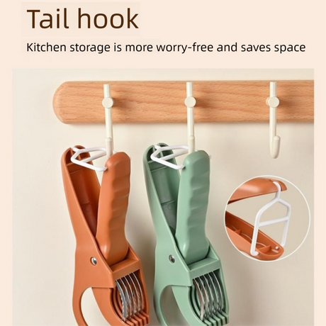 Red Multifunctional Fruit and Vegetable Slicer - Stainless Steel Blades, ABS Handle - One-Press Uniform Slicing for Banana, Cucumber, Ham, Kitchen Prep Tool with Hanging Hook