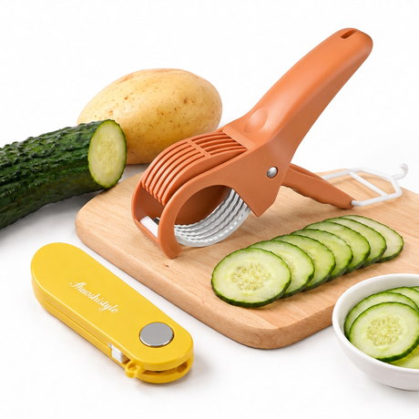 Home Fruit & Vegetable Peeling and Slicing Prep Set-Yellow Folding Peeler and Red Fruit Slicer - Portable Stainless Steel Kitchen Tools for Camping, Home Use, and Travel