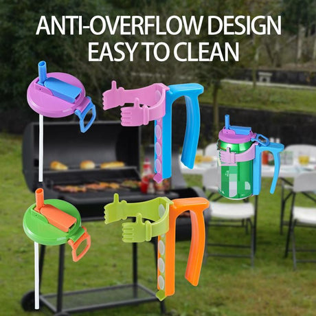 Green Soda Can Lid and Handle Holder Set - Anti-Overflow Plastic Cover with Straw and Suction Cup Grip for 12oz Cans, Portable Drink Accessory for Parties and Travel
