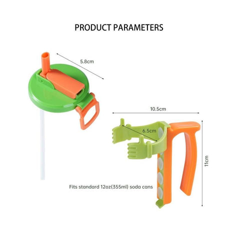 Green Soda Can Lid and Handle Holder Set - Anti-Overflow Plastic Cover with Straw and Suction Cup Grip for 12oz Cans, Portable Drink Accessory for Parties and Travel