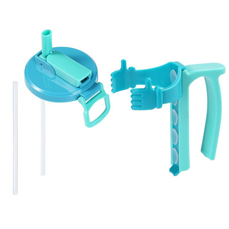 Blue Soda Can Lid and Handle Holder Set - Anti-Overflow Plastic Cover with Straw and Suction Cup Grip for 12oz Cans, Portable Drink Accessory for Parties and Travel