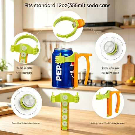 Blue Soda Can Holder with Handle and Suction Cups - Portable Plastic Stand for 12oz Cans, Anti-Slip Grip for Parties, Camping, and Home Use