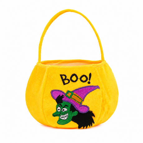 Yellow bag with witch design - Plush Halloween Trick or Treat Candy Bag - Polyester  Tote with Embroidered Face, Lightweight Portable Goody Pouch for  Party Favors and Trick or Treating