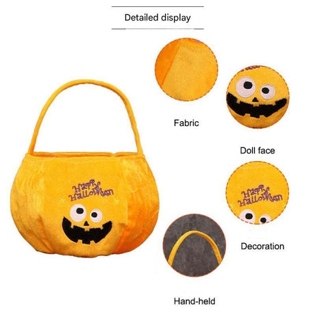 Black bag with a pumpkin pattern - Plush Halloween Trick or Treat Candy Bag - Polyester  Tote with Embroidered Face, Lightweight Portable Goody Pouch for  Party Favors and Trick or Treating
