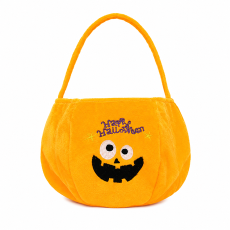 Yellow bag with a pumpkin pattern - Plush Halloween Trick or Treat Candy Bag - Polyester  Tote with Embroidered Face, Lightweight Portable Goody Pouch for  Party Favors and Trick or Treating