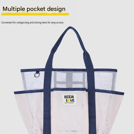 Blue-White Large Capacity Mesh Beach Tote Bag - Breathable Polyester Swim Bag with Multi-Pocket Storage, Quick-Dry Design for Travel, Gym, and Poolside Use
