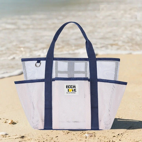 Pink-White Large Capacity Mesh Beach Tote Bag - Breathable Polyester Swim Bag with Multi-Pocket Storage, Quick-Dry Design for Travel, Gym, and Poolside Use
