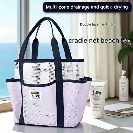 White Large Capacity Mesh Beach Tote Bag - Breathable Polyester Swim Bag with Multi-Pocket Storage, Quick-Dry Design for Travel, Gym, and Poolside Use