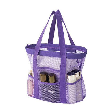 Purple small size Large Capacity Mesh Beach Tote Bag - Breathable PET  with Multi-Pocket Storage, Quick-Dry Design for Travel, Gym, and Poolside Use