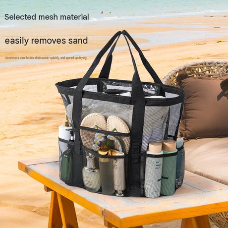 Purple small size Large Capacity Mesh Beach Tote Bag - Breathable PET  with Multi-Pocket Storage, Quick-Dry Design for Travel, Gym, and Poolside Use