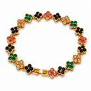Gold and Color Four-Leaf Clover Zircon Bracelet - Gold-Tone Alloy Lucky Charm Wristband with Full Crystal Pave, 22cm Elegant Fashion Jewellery for Women