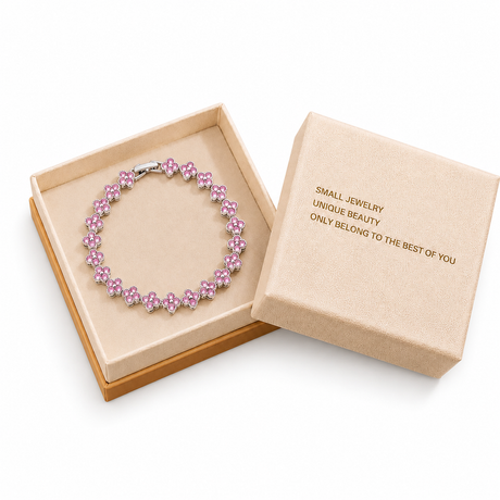 Silver and Pink Four-Leaf Clover Zircon Bracelet - Gold-Tone Alloy Lucky Charm Wristband with Full Crystal Pave, 22cm Elegant Fashion Jewellery for Women