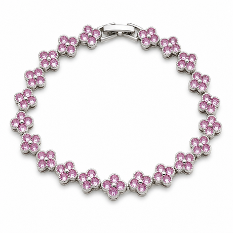 Silver and Pink Four-Leaf Clover Zircon Bracelet - Gold-Tone Alloy Lucky Charm Wristband with Full Crystal Pave, 22cm Elegant Fashion Jewellery for Women