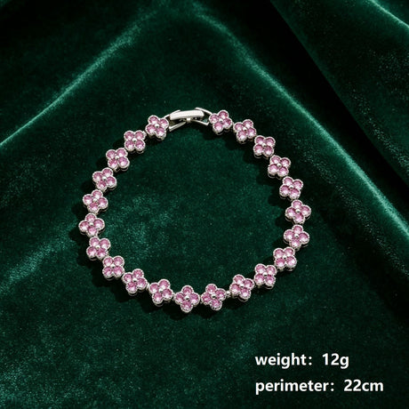 Silver and Pink Four-Leaf Clover Zircon Bracelet - Gold-Tone Alloy Lucky Charm Wristband with Full Crystal Pave, 22cm Elegant Fashion Jewellery for Women