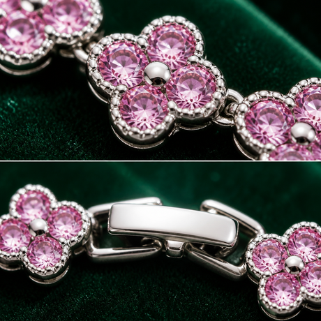 Silver and Pink Four-Leaf Clover Zircon Bracelet - Gold-Tone Alloy Lucky Charm Wristband with Full Crystal Pave, 22cm Elegant Fashion Jewellery for Women