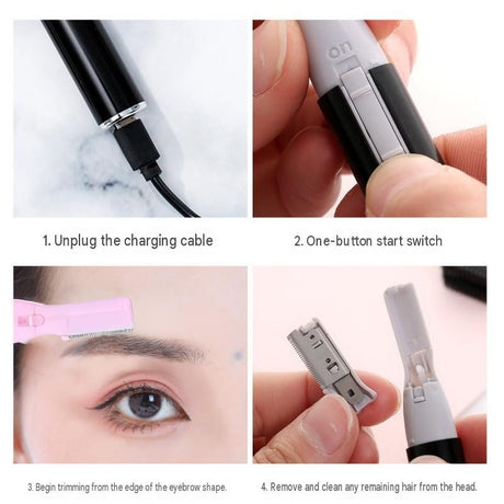 Black Rechargeable Electric Eyebrow Trimmer - USB Charging, Stainless Steel Rounded Blade, Detachable Washable Head, 4mm/6mm Comb Guides, Portable Facial Hair Remover for Women