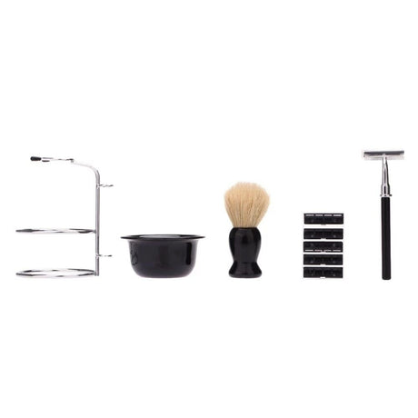 Men's Wet Shaving Kit - Safety Razor, Shaving Brush, Soap Bowl & Stand - Complete Grooming Set with Replacement Blades - Classic Black Bathroom Accessories for Travel and Home Use