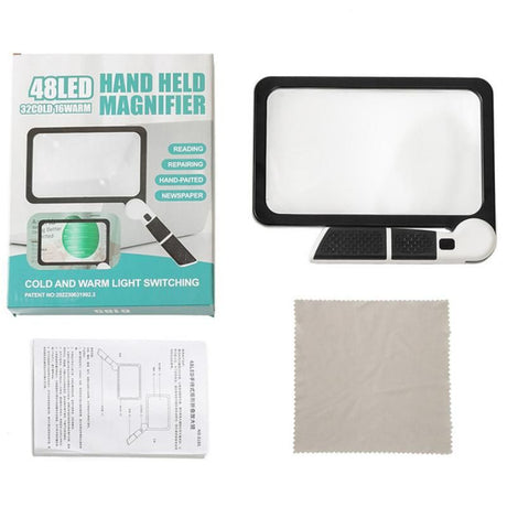 Black Blue Foldable LED Magnifying Glass with Light - 5X Large Rectangular Lens, 48 LED Adjustable Brightness, Non-Slip Rubber Handle, Portable Reading Aid for Seniors, Books, Maps & Hobbies