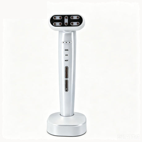 White EMS Eye Massager with Heat and Light Therapy - 360 Rotating Head, Multi-Color LED, Vibration Facial Device, USB Rechargeable Skincare Tool for Dark Circles and Puffy Eyes