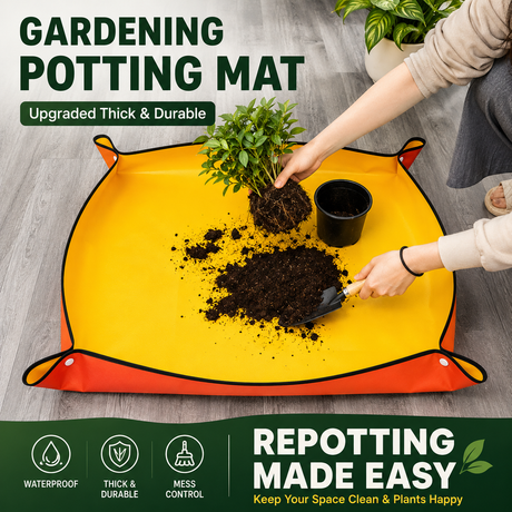 Yellow Waterproof Garden Repotting Mat - 100 x 150 cm Foldable Potting and Transplanting Work Mat with Snap Corners for Indoor Plants, Soil Mixing and Easy Clean-Up
