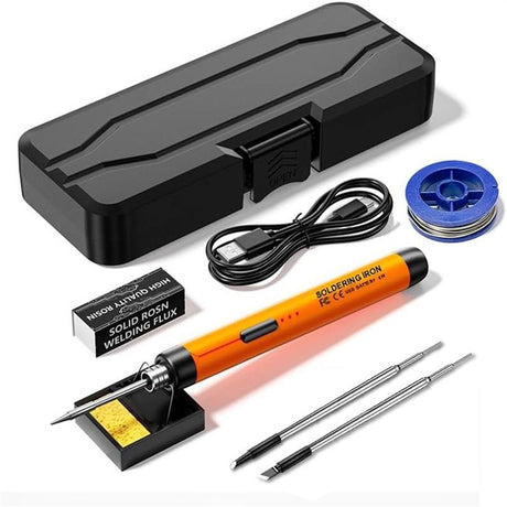 Orange Portable Cordless Soldering Iron Kit with 3 Soldering Tips 5V 8W - 3 Temperature Settings, Fast Heating Mini Tool for Circuit Board Repair, Electronics Soldering, Wiring and DIY Use