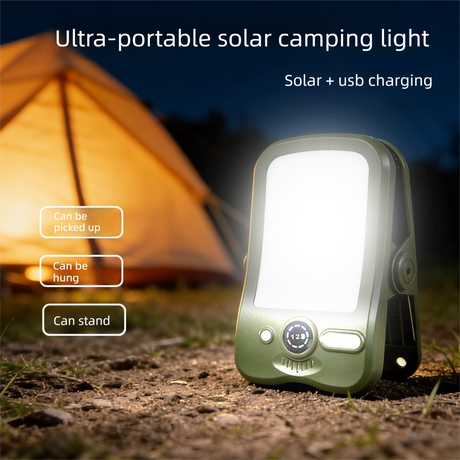 Solar Camping Lantern with Clip Grey- 2000mAh USB and Solar Rechargeable, Waterproof Portable Tent Light with Digital Display for Outdoor Hiking Emergency