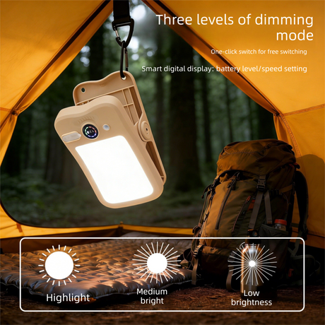 Solar Camping Lantern with Clip Black- 2000mAh USB and Solar Rechargeable, Waterproof Portable Tent Light with Digital Display for Outdoor Hiking Emergency