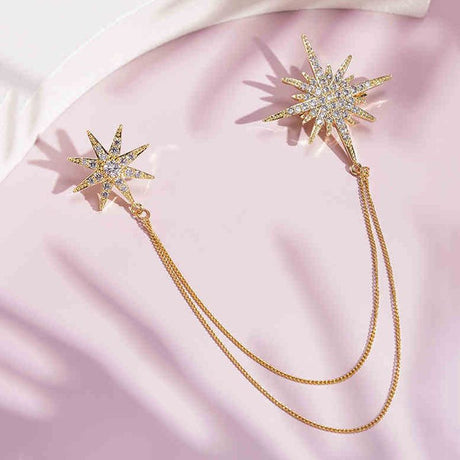Asymmetric Star Chain Brooch - Rhinestone Double Star Pin with Layered Chains, Elegant Lapel Badge for Women Blazer Coat Dress, Gold Tone