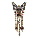 Gothic Skull Butterfly Brooch with Tassel - Vintage Rhinestone Skeleton Pin with Dangling Charms, Dark Aesthetic Statement Badge for Coat Sweater, 11.3cm