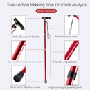 Folding Hiking Stick Red - Adjustable Aluminum Telescopic Walking Cane, 5-Height Settings 82-95cm, Lightweight Portable Trekking Pole for Seniors and Outdoors