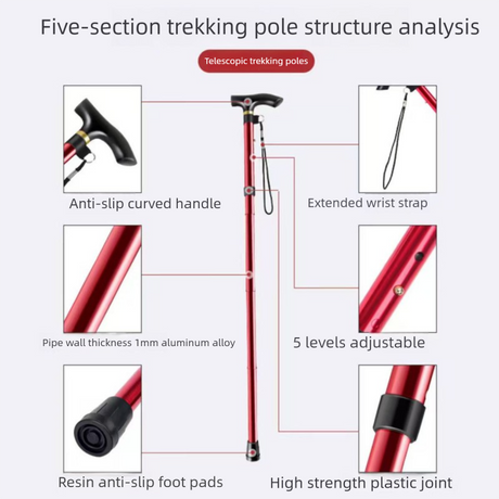 Folding Hiking Stick Blue - Adjustable Aluminum Telescopic Walking Cane, 5-Height Settings 82-95cm, Lightweight Portable Trekking Pole for Seniors and Outdoors