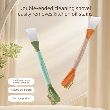 2-Pack Blue Dual Head Kitchen Cleaning Brush Set - Stainless Steel Scraper and Copper Wire Brush - Heavy Duty Grease Removal, Detachable Handle, Multi Surface Use for Stovetops and Ovens