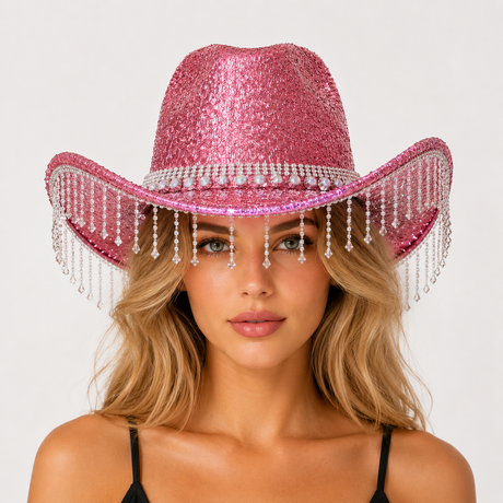 Pink Rhinestone Fringe Cowboy Hat - Sparkling Western Party Hat with Round Gemstone Band and Crystal Tassel Fringe for Festivals, Carnival, Dance and Stage Performance