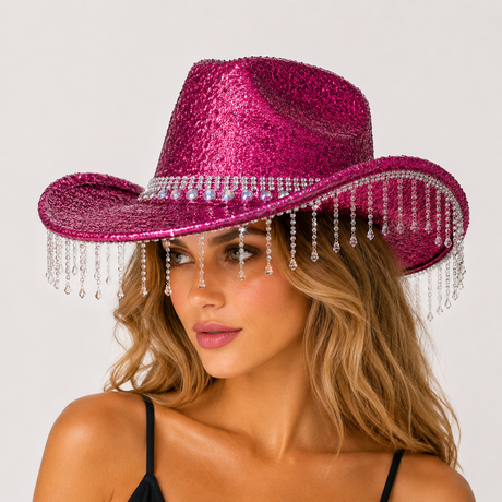 Rose Red Rhinestone Fringe Cowboy Hat - Sparkling Western Party Hat with Round Gemstone Band and Crystal Tassel Fringe for Festivals, Carnival, Dance and Stage Performance
