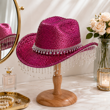 Rose Red Rhinestone Fringe Cowboy Hat - Sparkling Western Party Hat with Round Gemstone Band and Crystal Tassel Fringe for Festivals, Carnival, Dance and Stage Performance