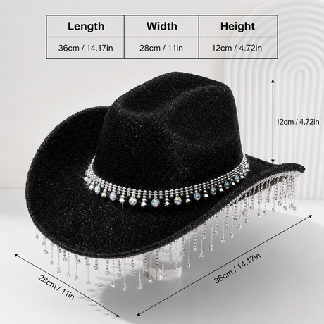 Black Rhinestone Fringe Cowboy Hat - Sparkling Western Party Hat with Round Gemstone Band and Crystal Tassel Fringe for Festivals, Carnival, Dance and Stage Performance