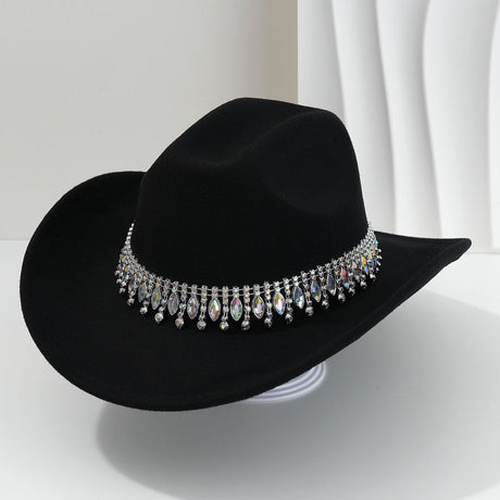 Rhinestone Cowboy Hat - Black Western Hat with Iridescent Gemstone Fringe Band, Wide Curved Brim for Weddings, Parties, Festivals and Stage Outfits