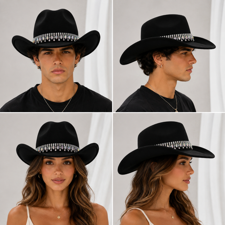 Rhinestone Cowboy Hat - Black Western Hat with Iridescent Gemstone Fringe Band, Wide Curved Brim for Weddings, Parties, Festivals and Stage Outfits