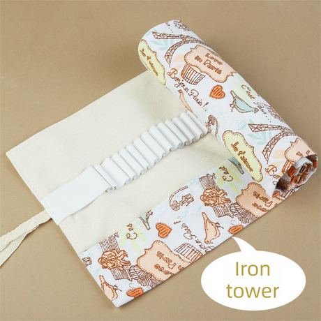 108-Slot Print Canvas Pencil Roll (Eiffel Tower)- Large Capacity Roll-Up Pencil Case with Individual Holders and Tie Closure for Coloured Pencils, Drawing and Sketching