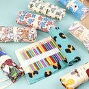 108-Slot Print Canvas Pencil Roll (Five-pointed star)- Large Capacity Roll-Up Pencil Case with Individual Holders and Tie Closure for Coloured Pencils, Drawing and Sketching