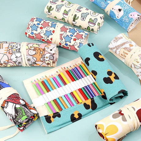 108-Slot Print Canvas Pencil Roll (Five-pointed star)- Large Capacity Roll-Up Pencil Case with Individual Holders and Tie Closure for Coloured Pencils, Drawing and Sketching