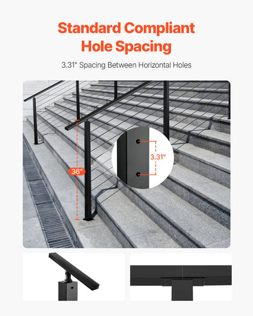 VEVOR Cable Railing Post, 36x2x2 Inch Stair Railing Post, with Pre-Drilled 30° Angled Holes, Stainless Steel Cable Rail Post with Horizontal and Curved Bracket, 1-Pack, Black, 1JZLGZXHS914YIVIS001V0