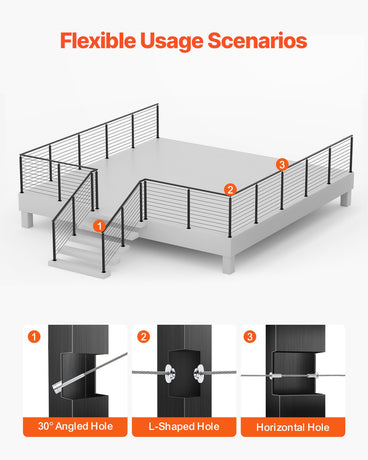 VEVOR Cable Railing Post, 36x2x2 Inch Stair Railing Post, with Pre-Drilled 30° Angled Holes, Stainless Steel Cable Rail Post with Horizontal and Curved Bracket, 1-Pack, Black, 1JZLGZXHS914YIVIS001V0