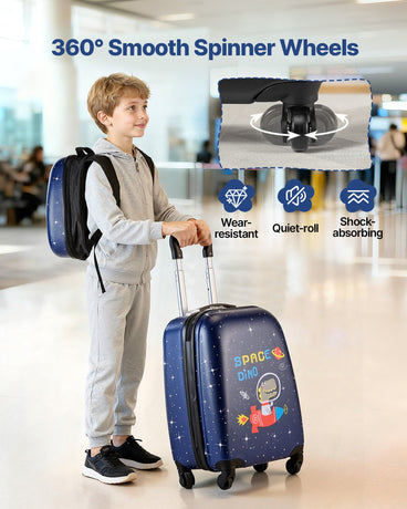 VEVOR Kids Luggage Set, 2 Piece, 45.7 cm Hardside Rolling Wheels Suitcase with Hard-Shell Backpack, Dinosaur Kids Carry on Luggage Set, Holiday Birthday Present for Girls & Boys, Airline Approved