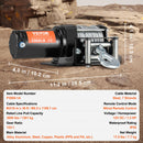 VEVOR Electric Winch, 1361 kg Line Pull Capacity, 12V DC ATV/UTV Winch with Φ0.5 x 1188.7 cm 7 Strands Steel Cable Roller Fairlead Wired Remote Control, IP55 Waterproof for Towing UTV ATV Off-Road