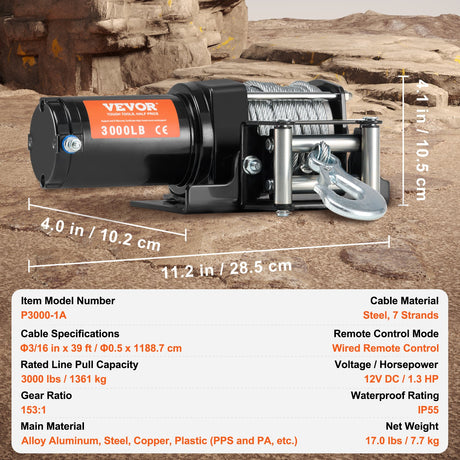 VEVOR Electric Winch, 1361 kg Line Pull Capacity, 12V DC ATV/UTV Winch with Φ0.5 x 1188.7 cm 7 Strands Steel Cable Roller Fairlead Wired Remote Control, IP55 Waterproof for Towing UTV ATV Off-Road
