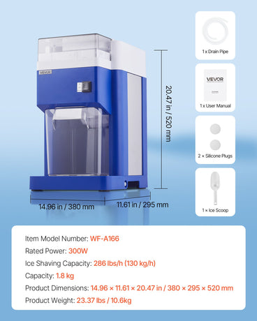 VEVOR Commercial Ice Shaver Machine, 1.91QT /1.8L Large Electric Snow Cone Machine, Fine & Fluffy with 300W Motor, Stainless Steel Blades, Shaved Ice Maker for Dessert Shop Home Party Restaurant, Blue