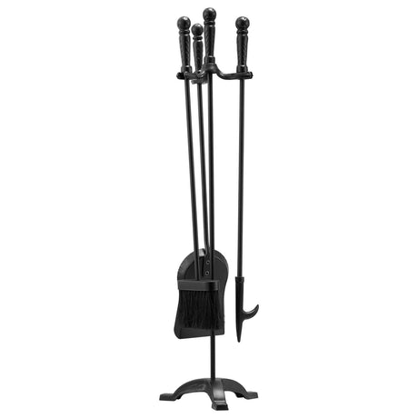 Fireplace Tool Set, 4 PCS Fire Tool Set and Holder with Three-Prong Stand, Ash Shovel, Brush, Fire Place Poker, Wrought Iron Fireplace Accessories for Campfire Indoor/Outdoor, Black