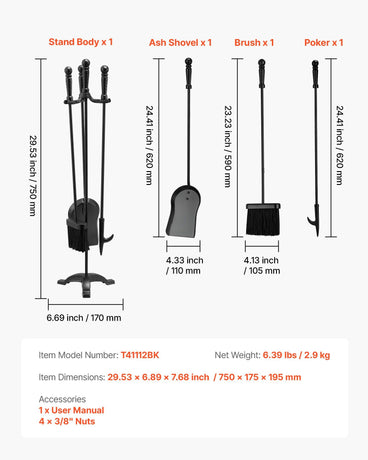 Fireplace Tool Set, 4 PCS Fire Tool Set and Holder with Three-Prong Stand, Ash Shovel, Brush, Fire Place Poker, Wrought Iron Fireplace Accessories for Campfire Indoor/Outdoor, Black